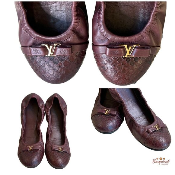 Authentic Louis Vuitton Maroon Leather Reptile Toe Bow Scrunch Ballet Flats 8 - Picture 9 of 13